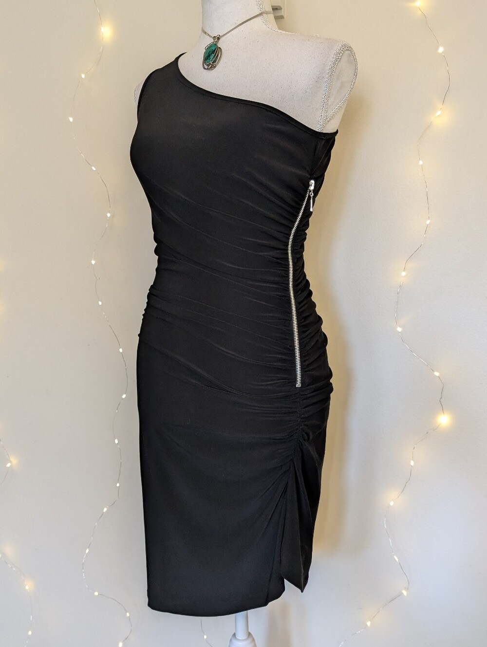 B Darlin One-Shoulder Black Ruched Dress With Zipper & Asymmetric Skirt